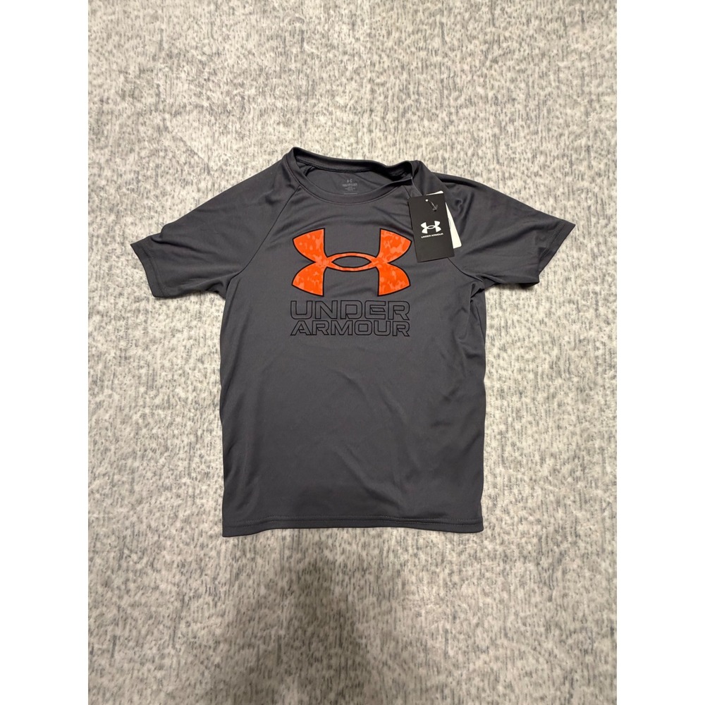 Under Armour Boys YXS Loose Tech Heatgear Short Sleeve T-Shirt Gray Orange Logo